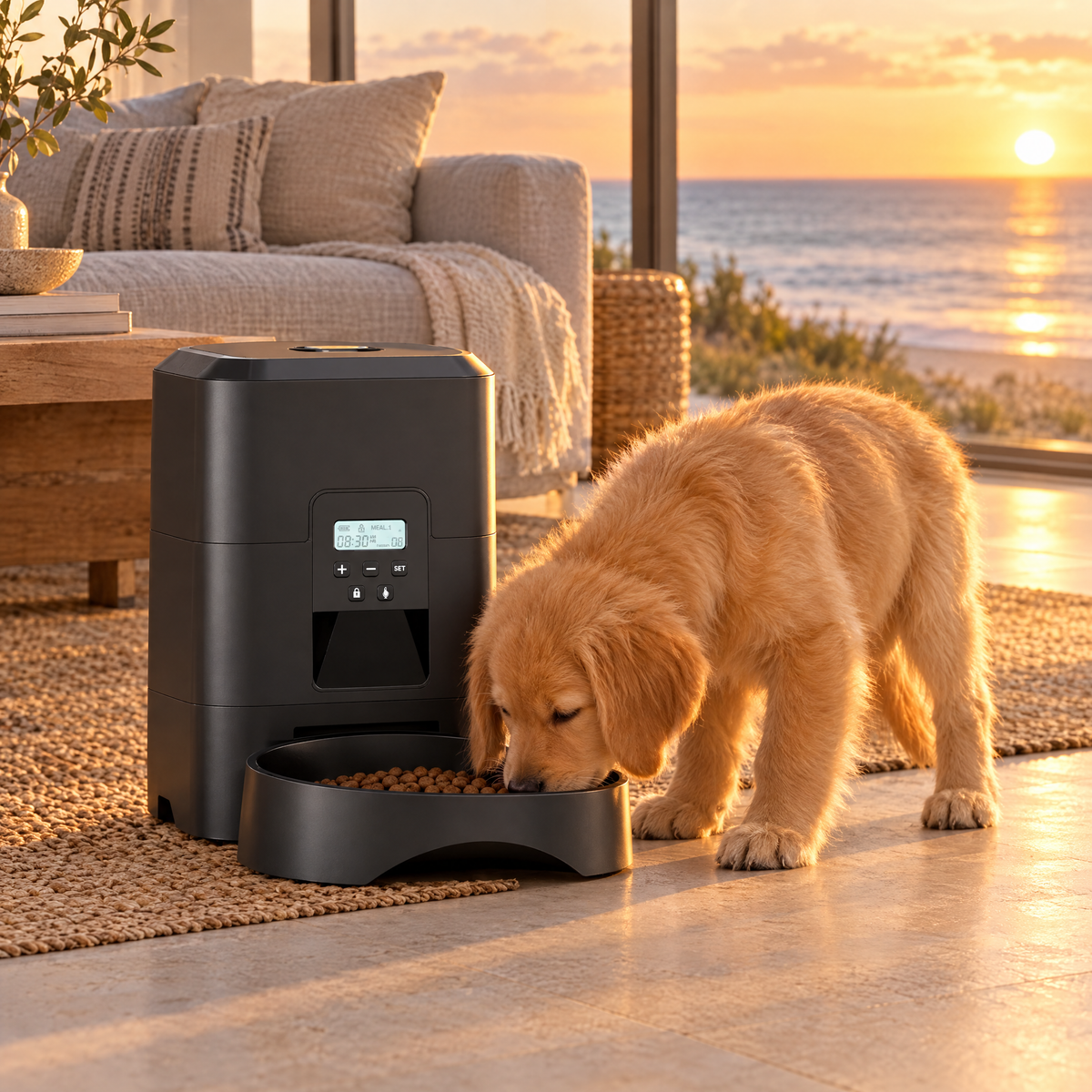 Puppy using the timed automatic feeder in a coastal living room at golden hour