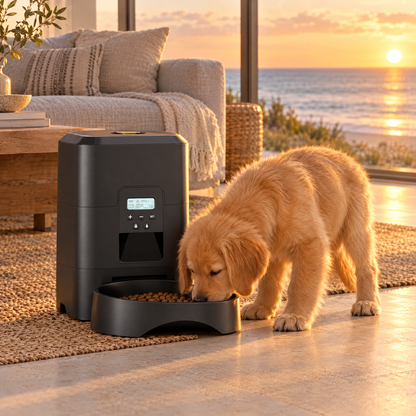 Puppy using the timed automatic feeder in a coastal living room at golden hour