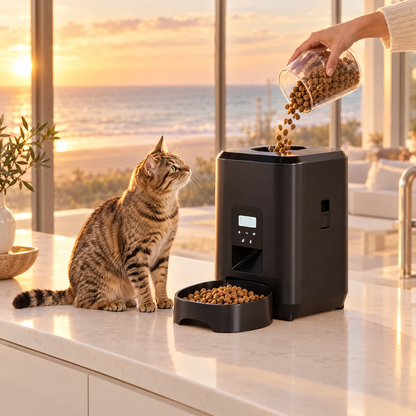 Filling the 2L automatic pet feeder with dry kibble on a kitchen bench