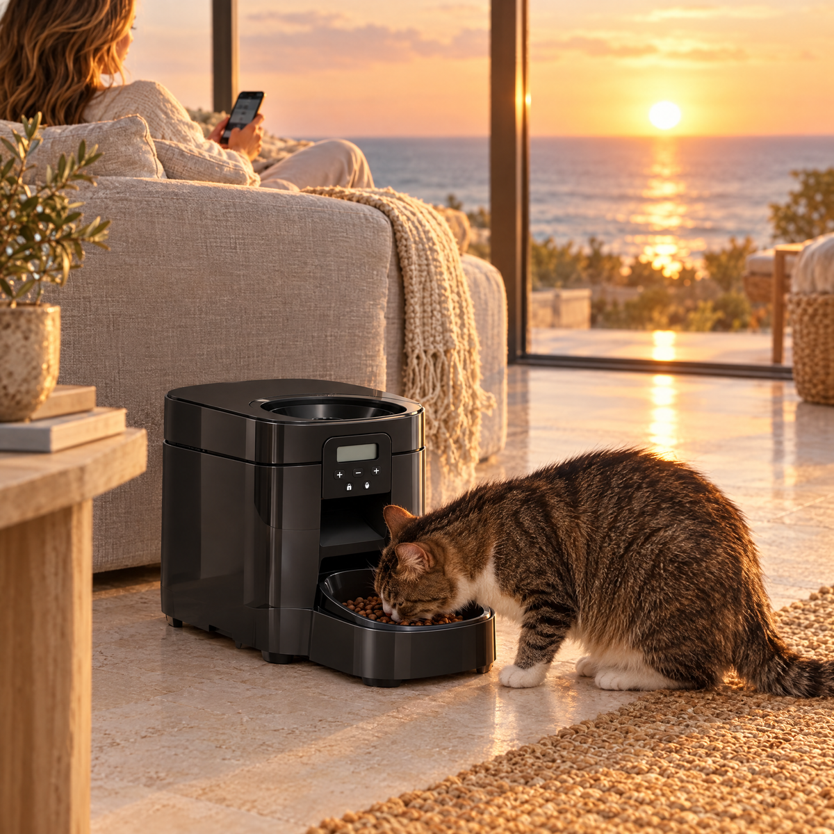 Owner scheduling meals on a phone while a cat eats from the automatic feeder