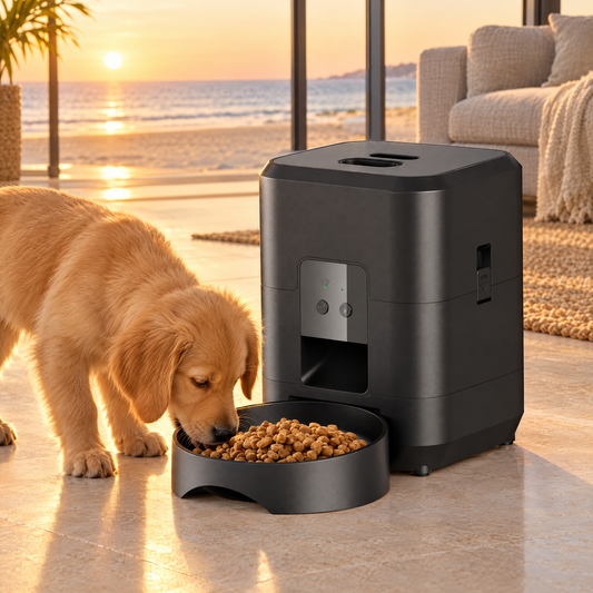 Golden retriever puppy eating from the 2L automatic pet feeder in a sunlit beach house