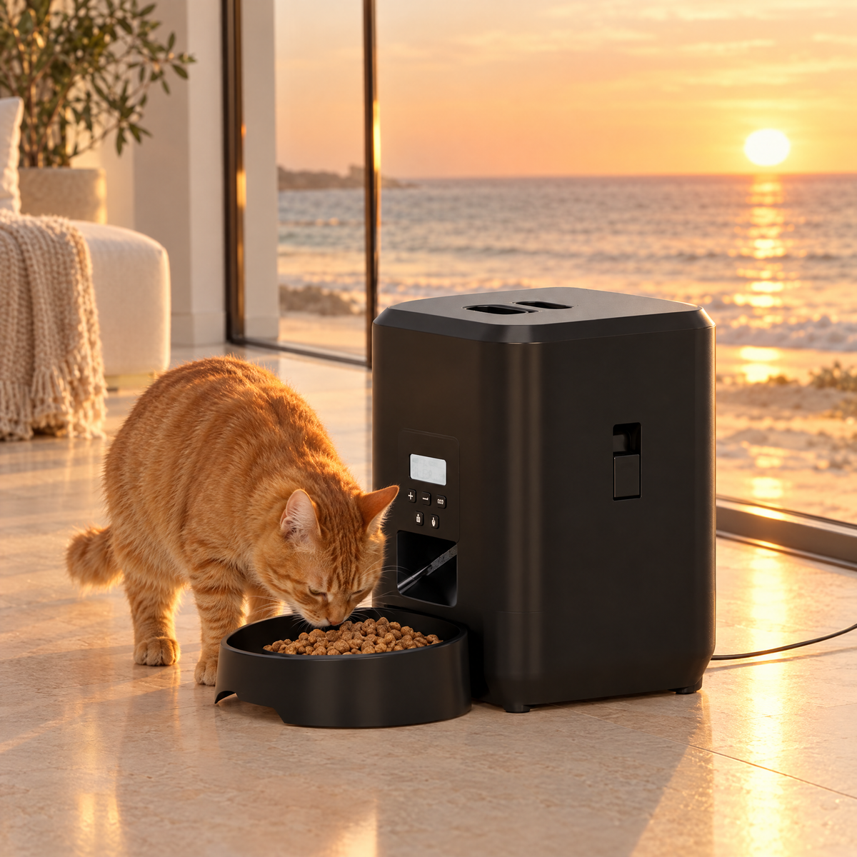 Ginger cat eating from the automatic pet feeder beside glass doors overlooking the ocean