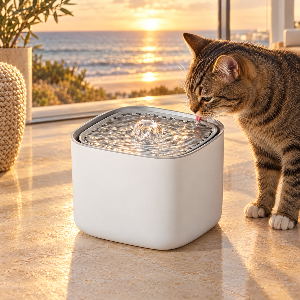 Tabby cat drinking from the quiet circulating water fountain beside ocean-view windows