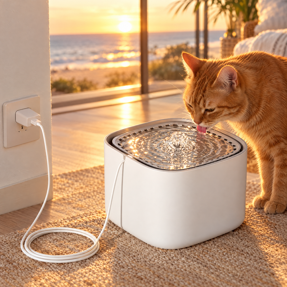 Close-up of a ginger cat lapping flowing water from the cat fountain