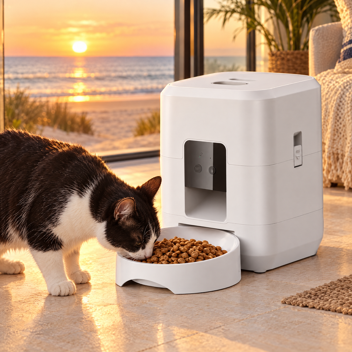 Black and white cat eating from the automatic pet feeder by an open beach-house door