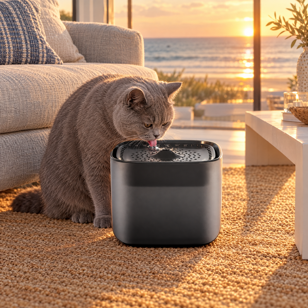 British shorthair cat drinking from the water fountain beside a linen sofa