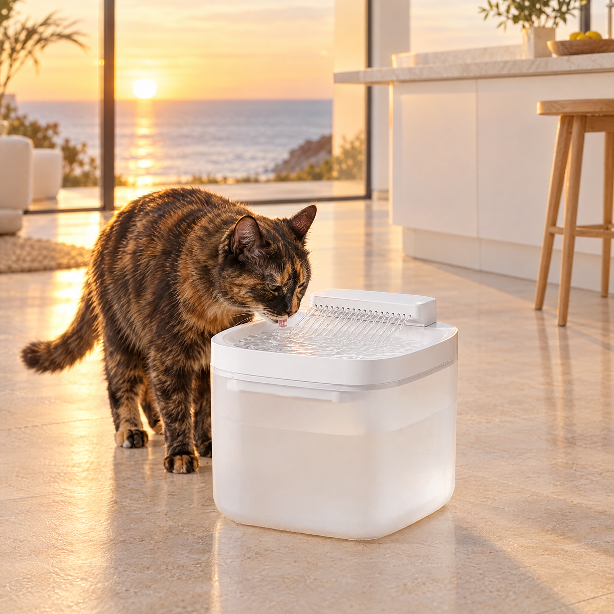 Tortoiseshell cat drinking from the Pawsync 3L automatic pet water fountain in a coastal kitchen