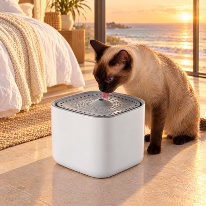 Siamese cat drinking from the water fountain in a bright bedroom