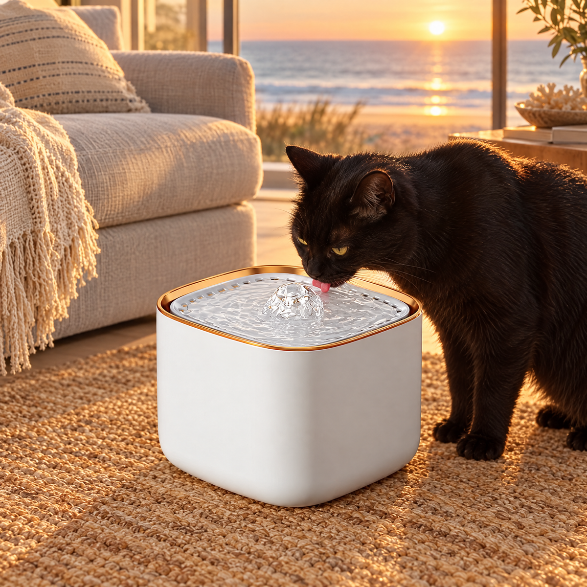 Black cat drinking from the cat water fountain on a jute rug