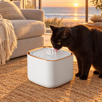 Black cat drinking from the cat water fountain on a jute rug