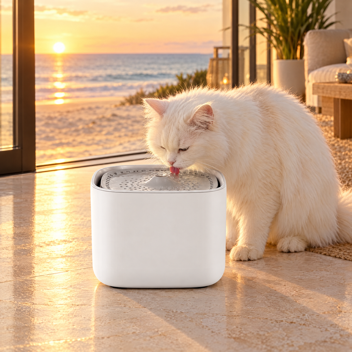 White cat drinking from the cat fountain next to an open door to the beach