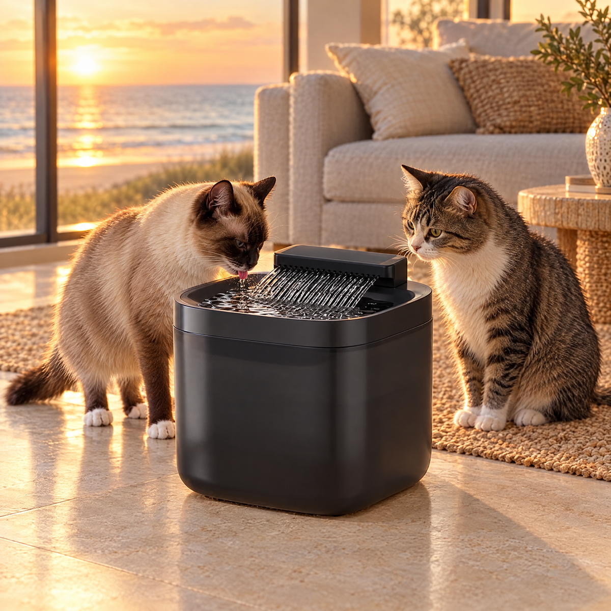Two cats sharing the black Pawsync 3L automatic pet water fountain