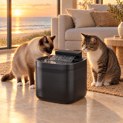 Two cats sharing the black Pawsync 3L automatic pet water fountain