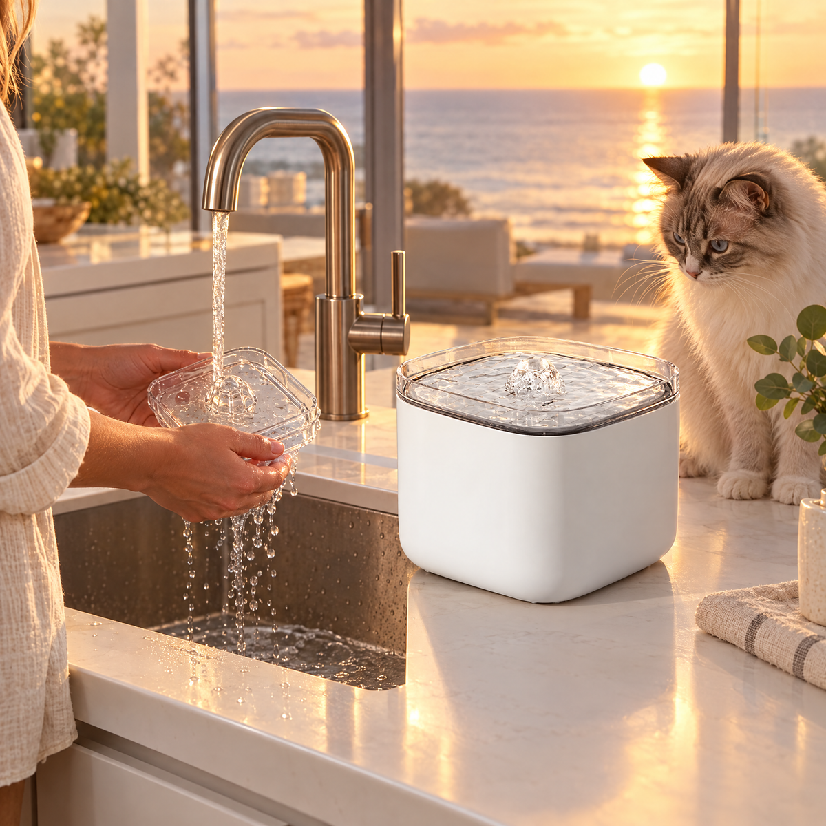 Rinsing a cat water fountain part at the kitchen sink for easy cleaning