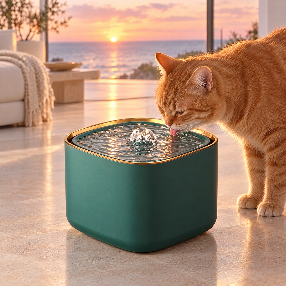 Ginger cat drinking from the cat water fountain at sunset