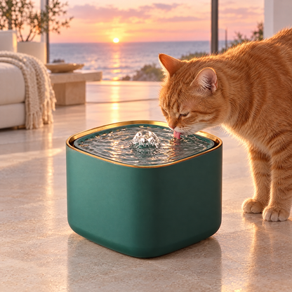 Ginger cat drinking from the cat water fountain at sunset
