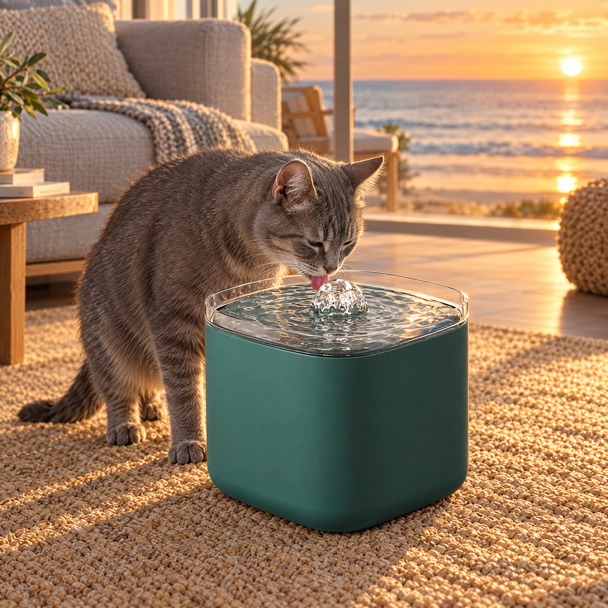 Grey cat drinking from the quiet cat fountain in an ocean-view living room