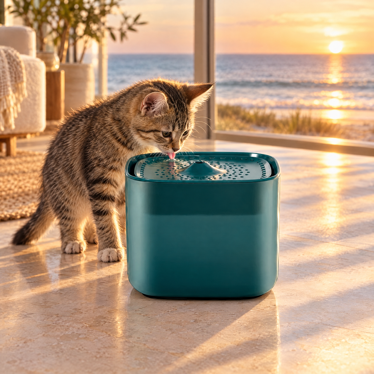 Tabby kitten drinking from the 3L cat water fountain in golden sunlight