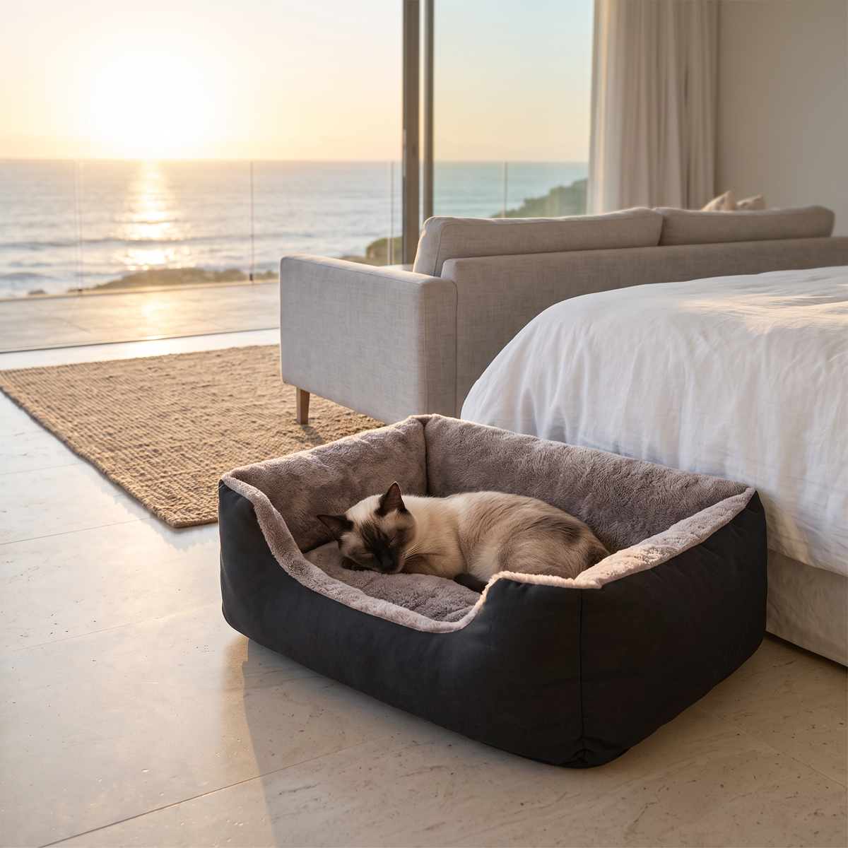 Siamese cat napping in the cloud cat bed in a bright bedroom