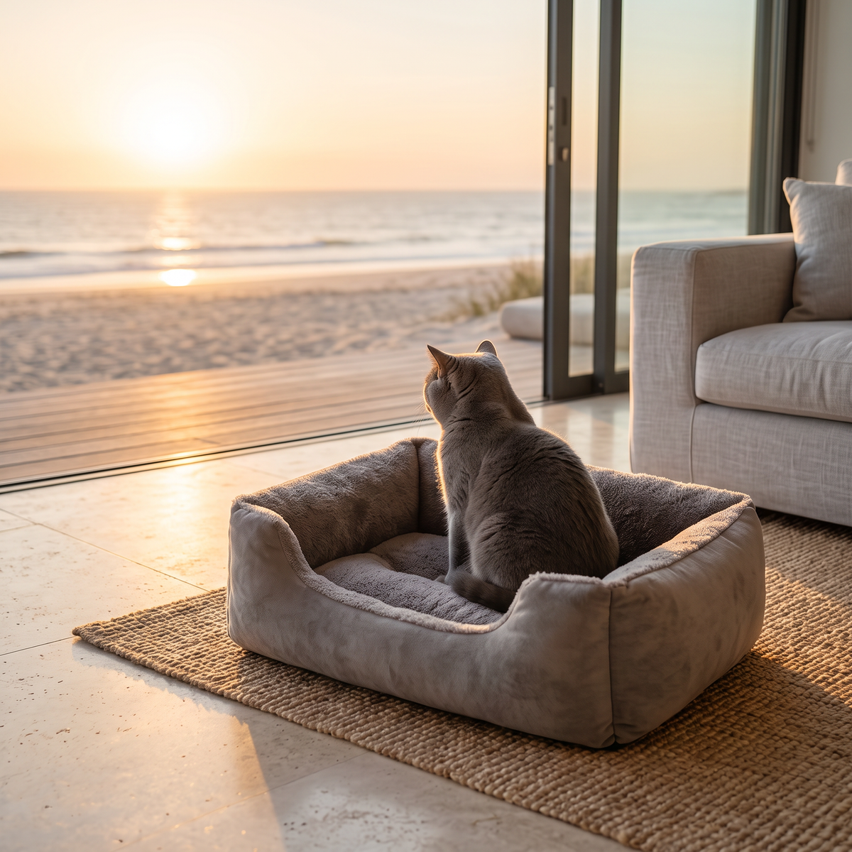 British shorthair cat sitting in the cloud cat bed looking out to sea