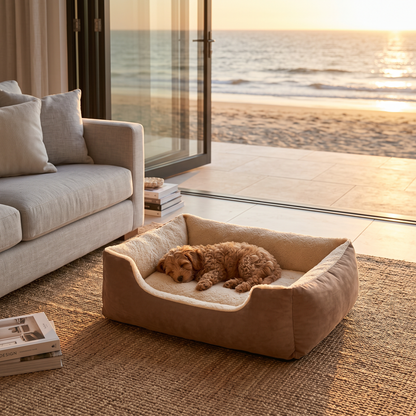 Cavoodle puppy asleep in the cushioned pet bed