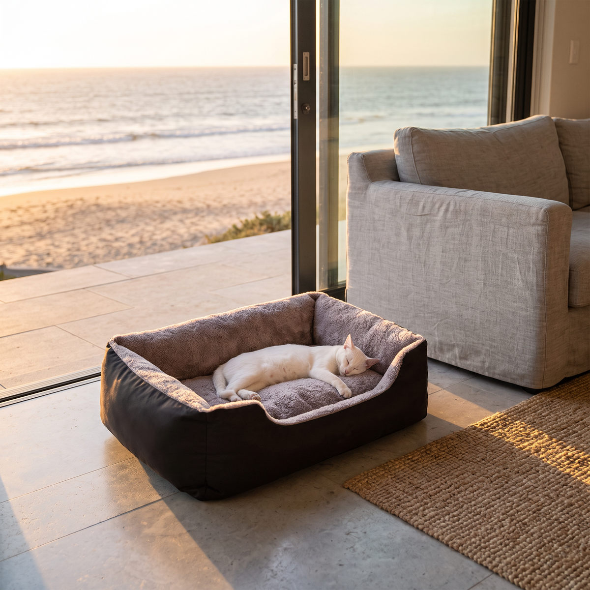 White cat stretched out in the cloud cat bed near the beach
