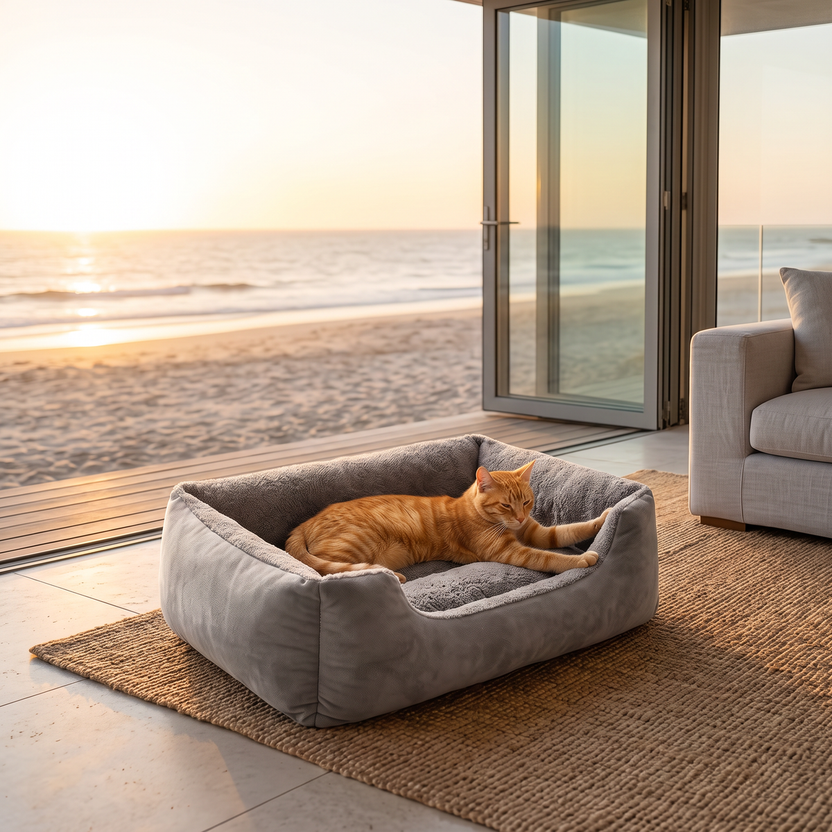 Ginger cat stretching in the cloud cat bed by ocean-view windows