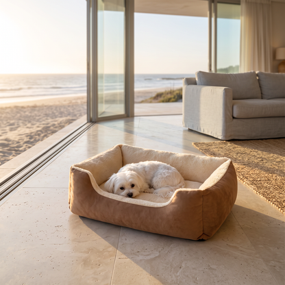 Small white dog resting in the cushioned pet bed