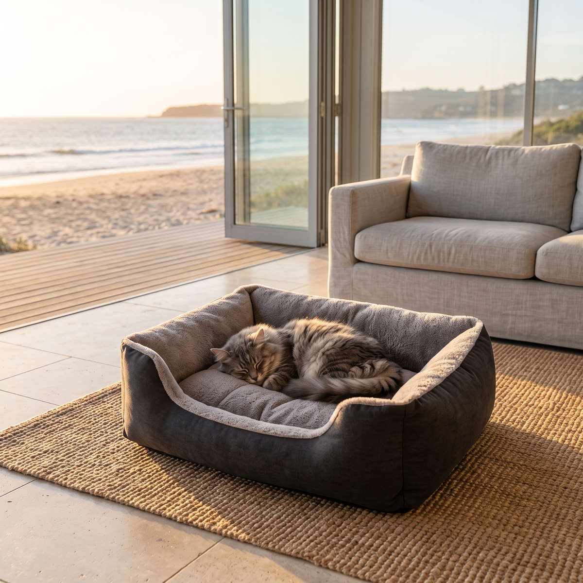 Fluffy grey cat asleep in the cloud cat bed