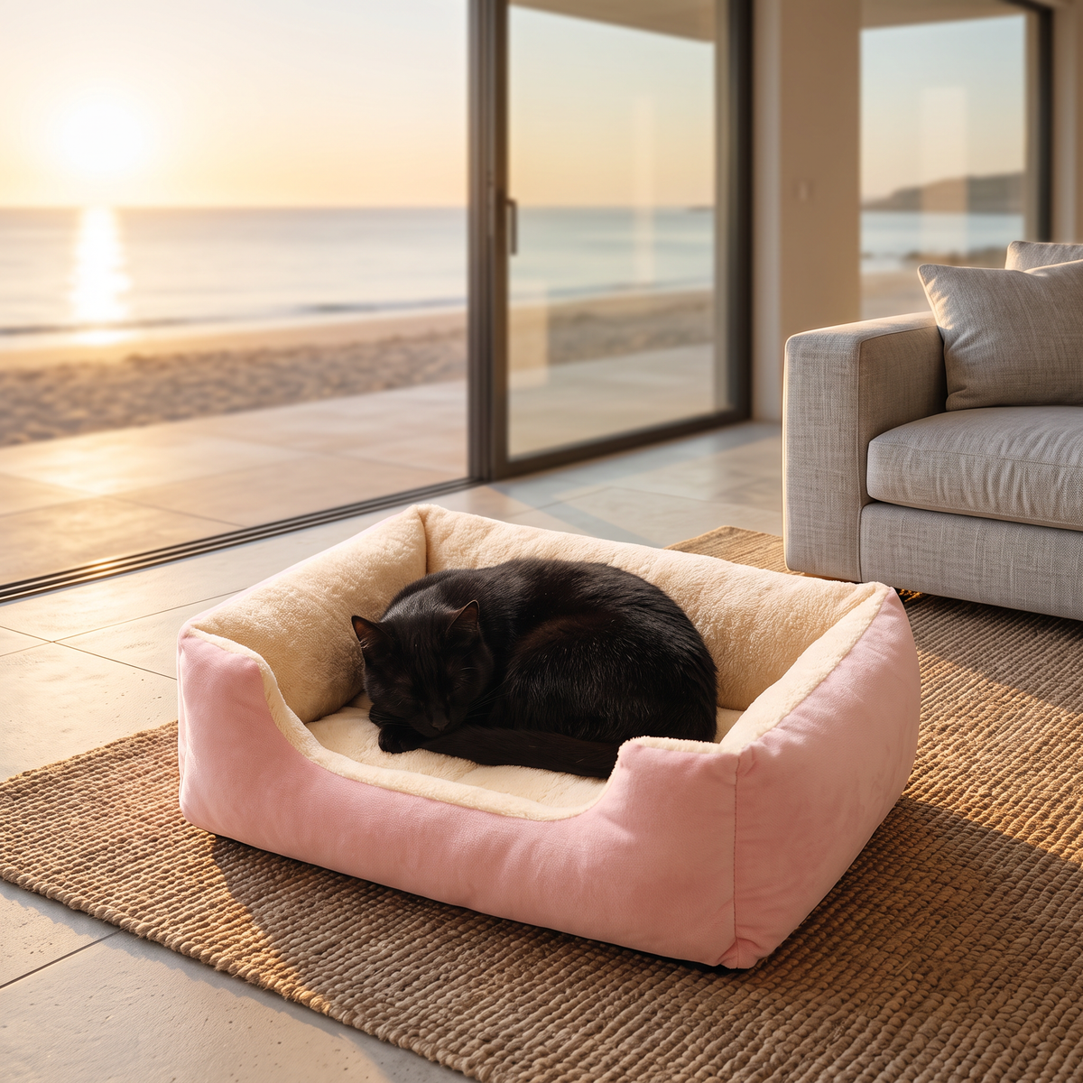 Black cat curled up in the cloud cat bed in the sunshine
