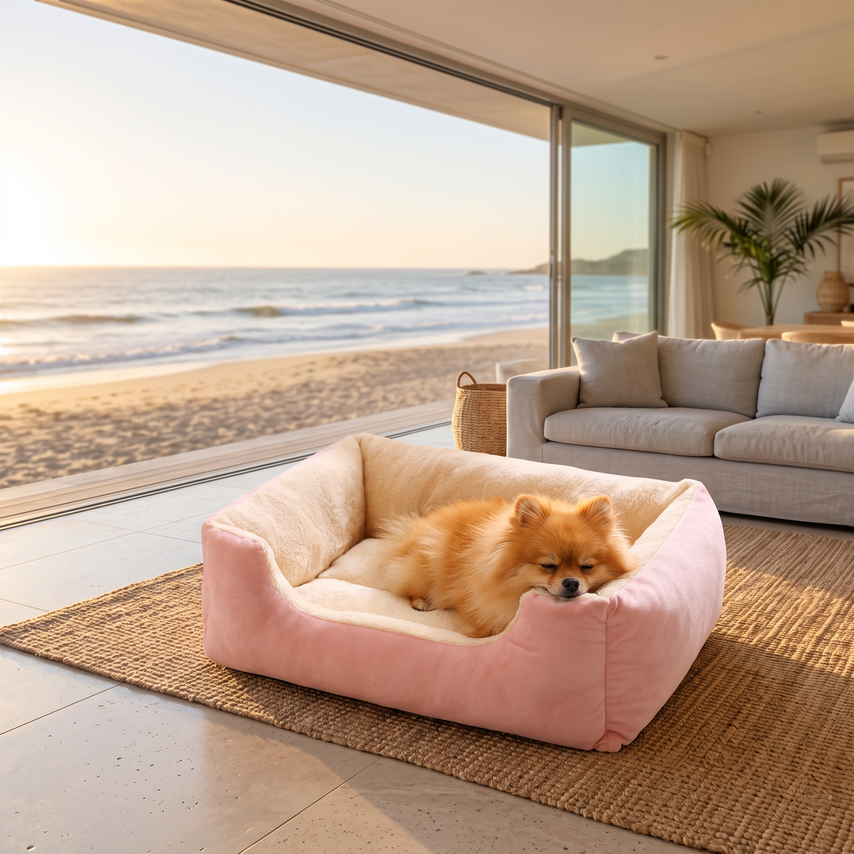 Pomeranian resting on the rim of the cushioned pet bed