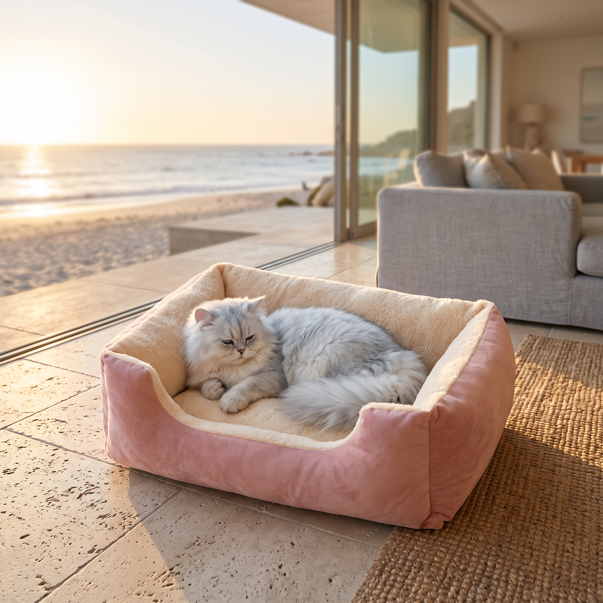 Persian cat curled up in the cloud cat bed by the windows