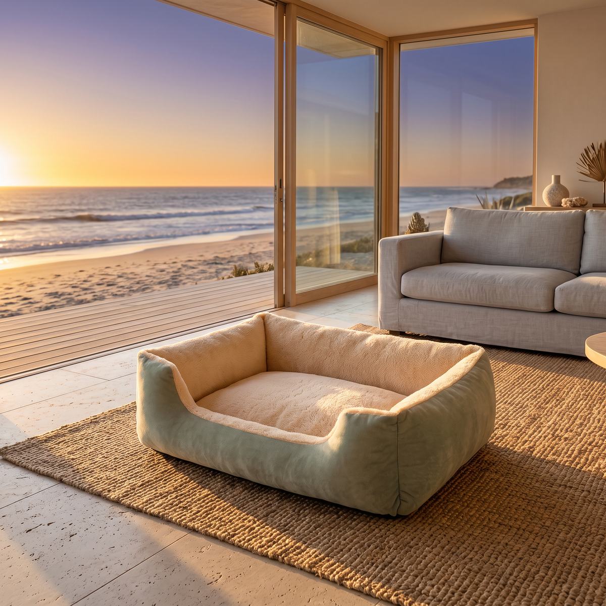 Soft cushioned cloud cat bed on a jute rug in golden light