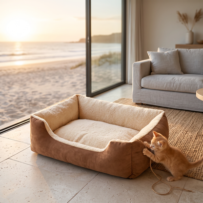 Ginger kitten playing at the edge of the cloud cat bed
