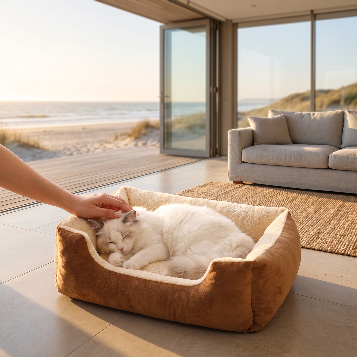 Stroking a cat asleep in the cloud cat bed