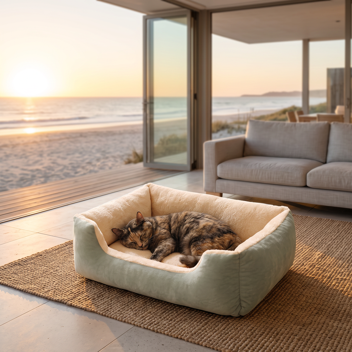 Tortoiseshell cat dozing in the cloud cat bed at sunset