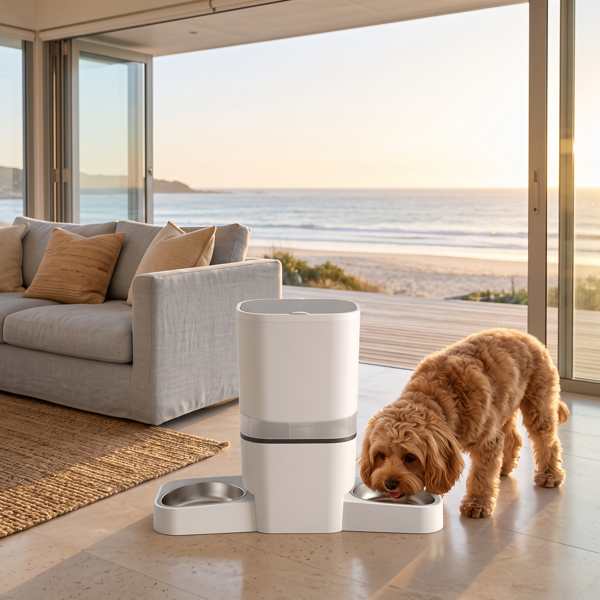 Small dog eating from the double bowl automatic feeder