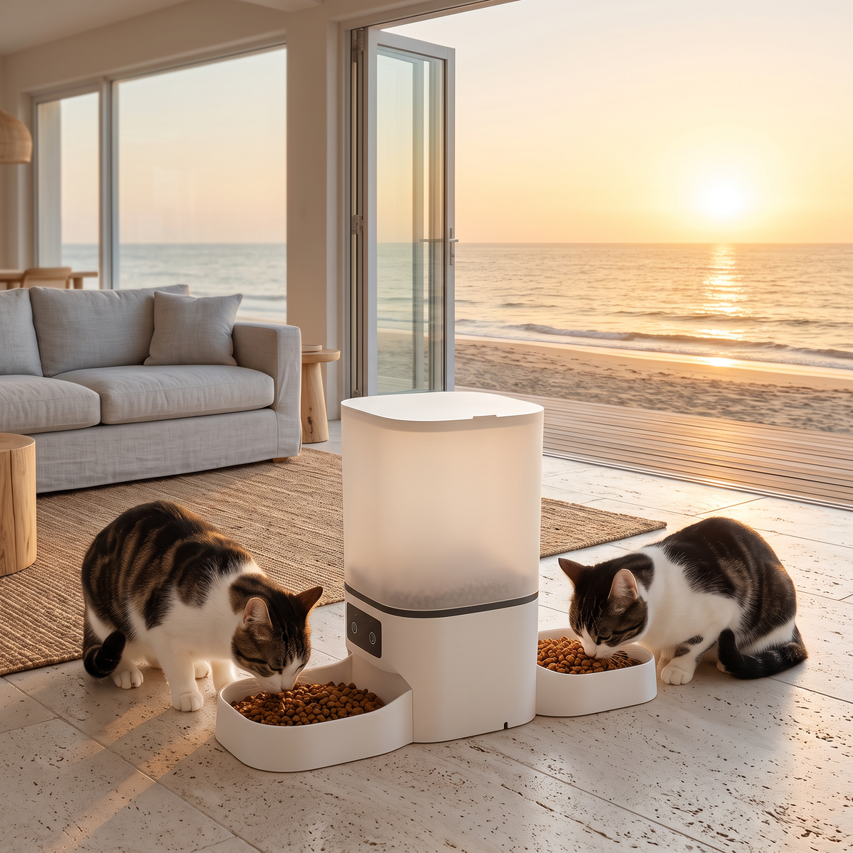Two cats eating from the double bowl smart pet feeder by the ocean