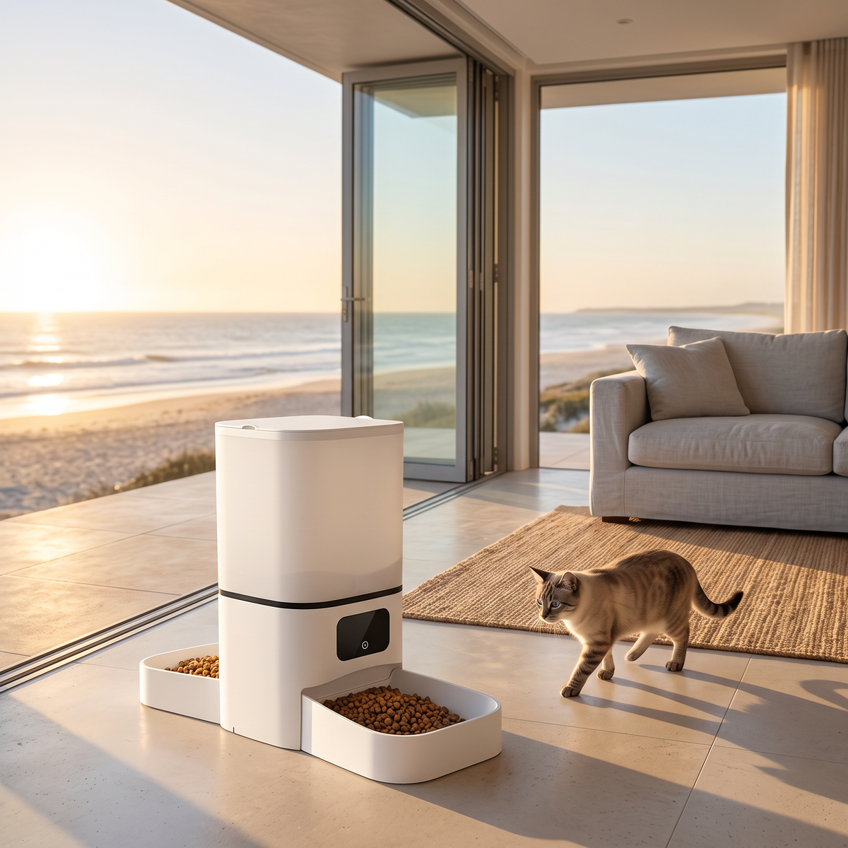 6L smart WiFi pet feeder in golden sunlight with a cat approaching