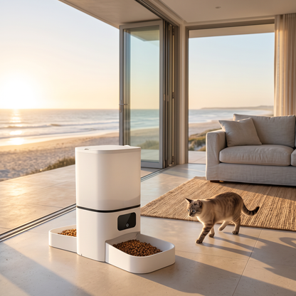 6L smart WiFi pet feeder in golden sunlight with a cat approaching
