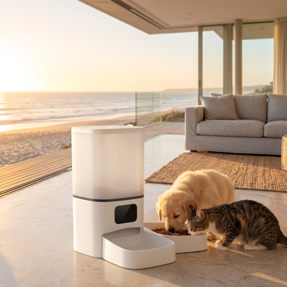 Puppy and cat eating side by side from the 6L smart double bowl feeder
