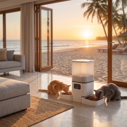 Two cats sharing the double bowl smart feeder by an open beach door