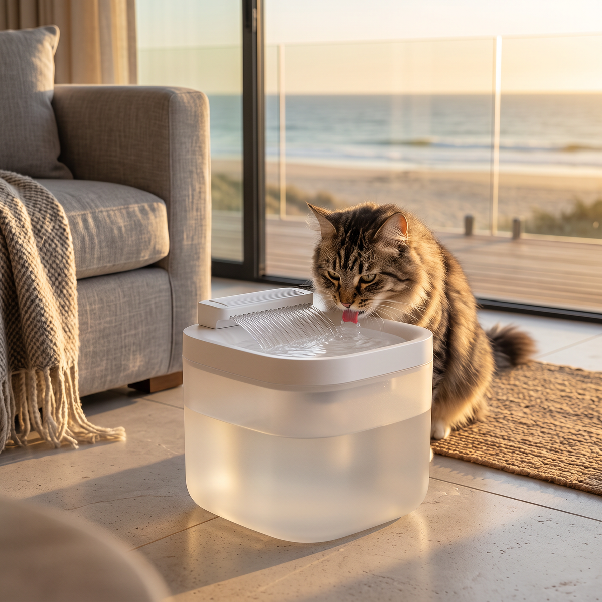 Tabby cat drinking from the Pawsync 3L automatic pet water fountain