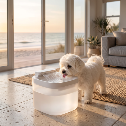 Small white dog drinking from the automatic pet water fountain