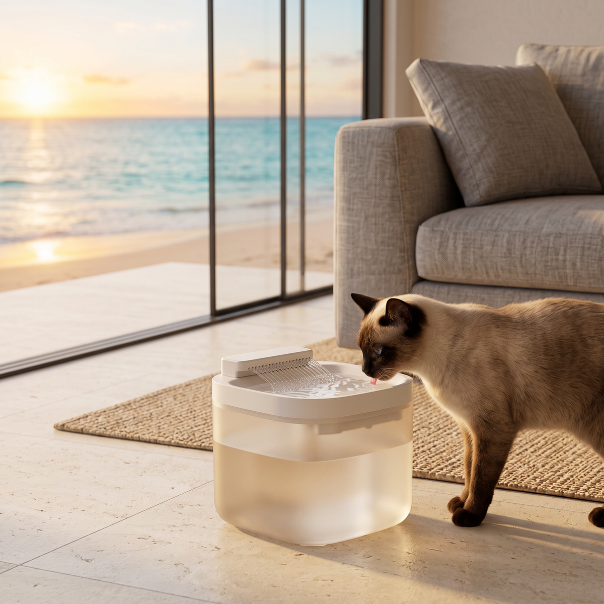 Siamese cat drinking from the 3L pet water fountain near the sofa