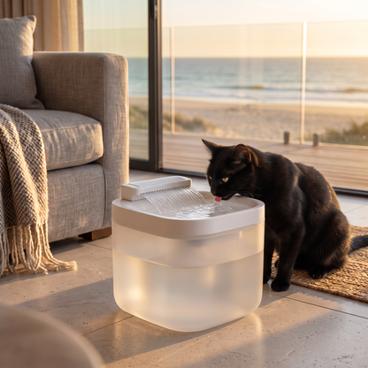 Black cat drinking from the 3L automatic pet water fountain on a jute rug