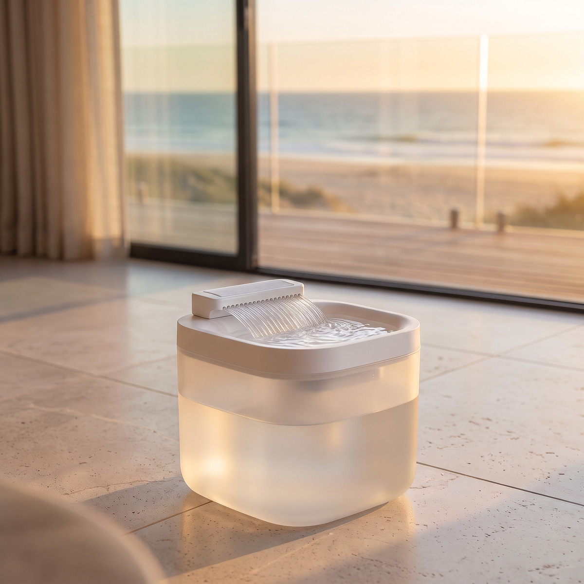 Close-up of the Pawsync 3L pet water fountain with water flowing in golden sunlight