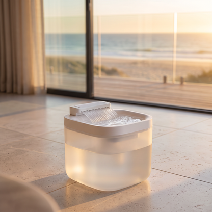 Close-up of the Pawsync 3L pet water fountain with water flowing in golden sunlight