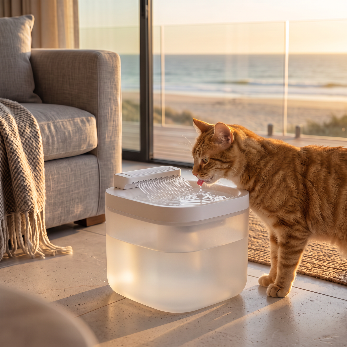 Ginger cat drinking from the Pawsync 3L pet water fountain by ocean-view windows