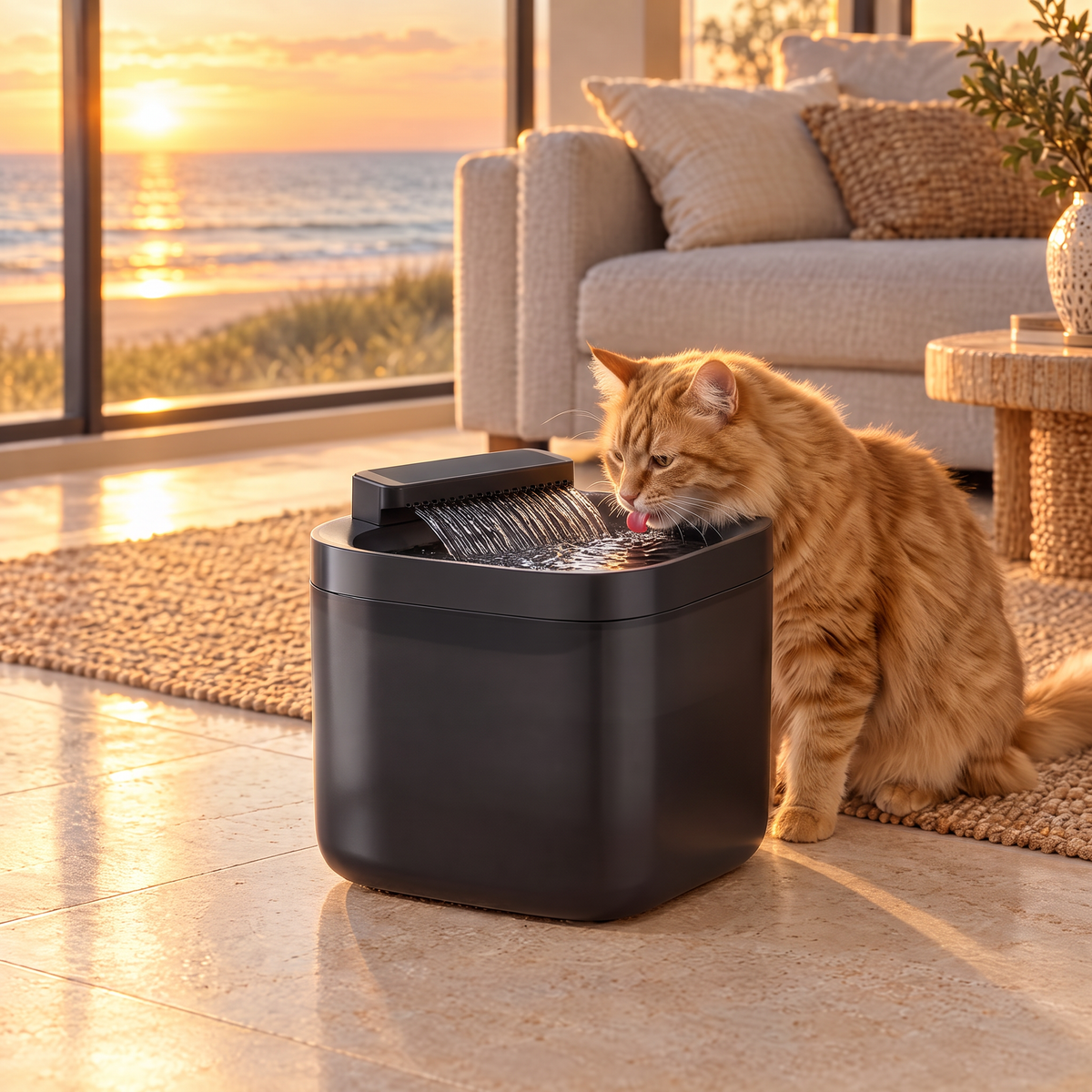 Ginger cat drinking from the black Pawsync 3L automatic pet water fountain